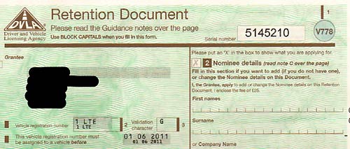 1LTE cherished registration - Retention Certificate